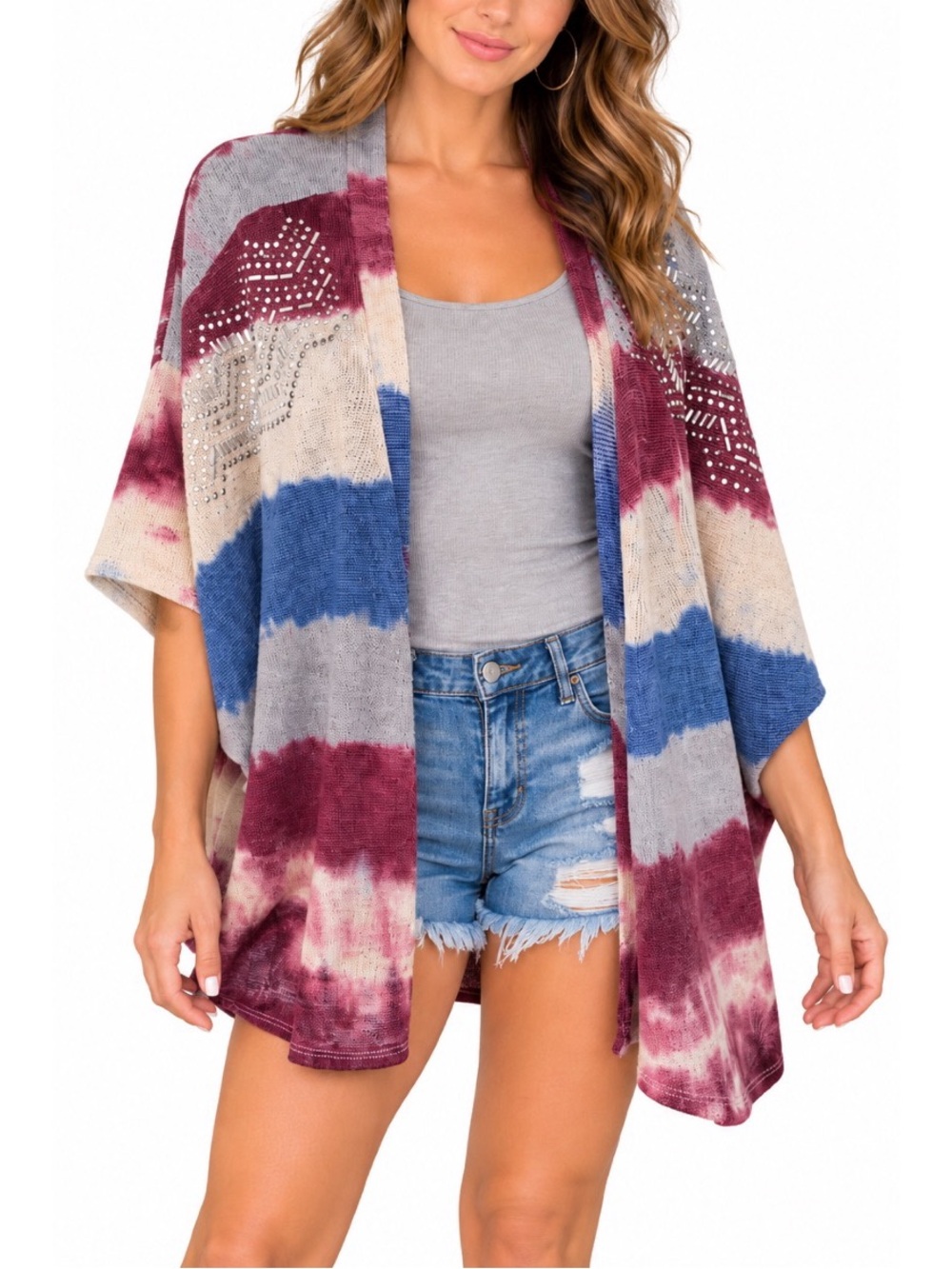 Vocal knit kimono shawl w/ open-front design in burgundy, cream,gray, denim blue